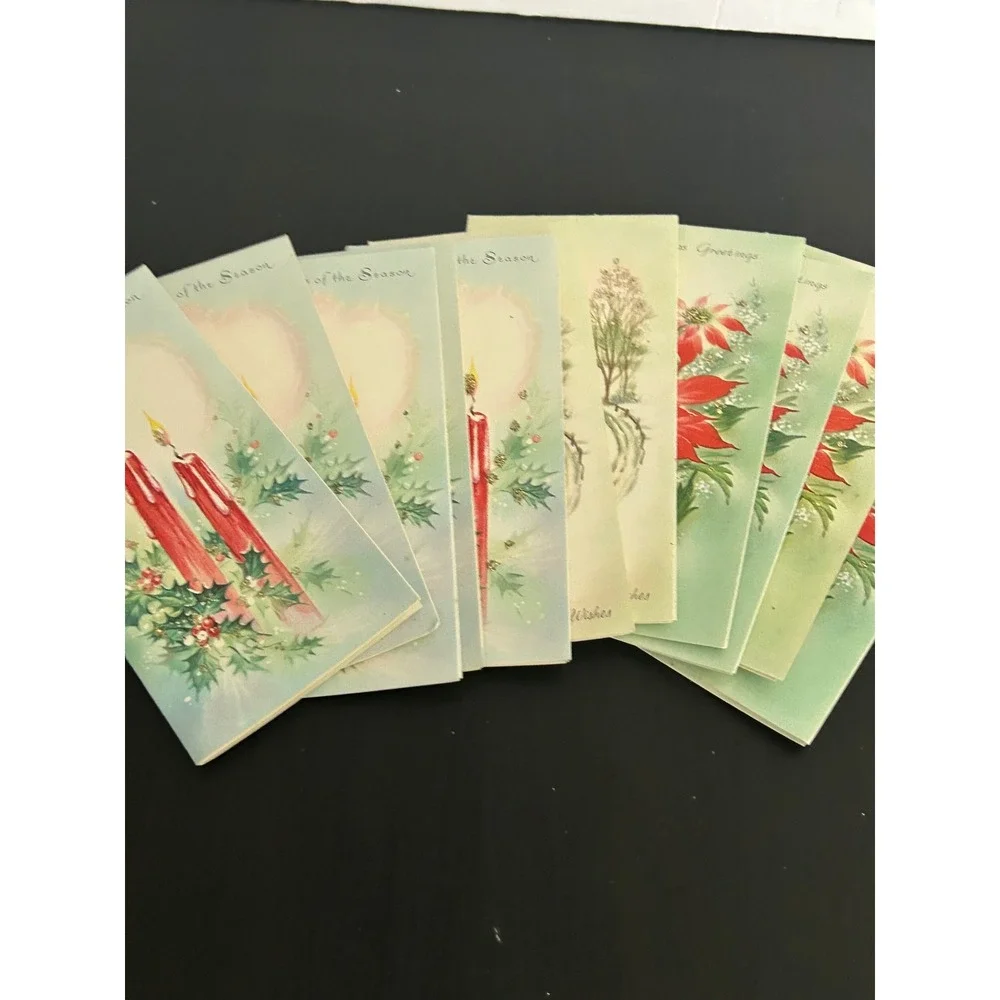 Christmas Cards Glitter Bulk Lot  Vintage Glitter Poinsettia Candle Winter Scene